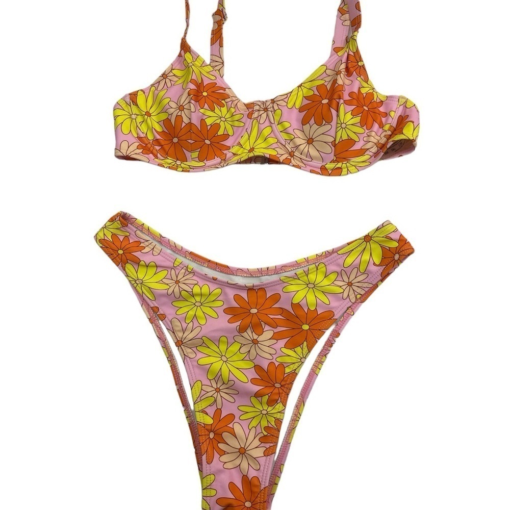 SHEIN Floral Bikini Orange/Pink/Yellow Adjustable Straps Top High Cut Bottoms
